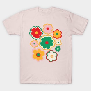 Hippie retro 70s flower pattern in red, green and pink T-Shirt